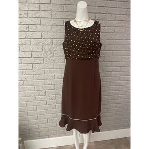 Courtenay Women Brown & White Sleeveless Polka Dot Flutter Hem Dress Size 10